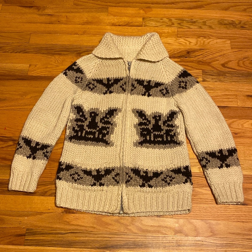 Cowichan Style Sweater 100% Wool Vintage- Thunderbird  Cream/Brown/Taupe EUC-